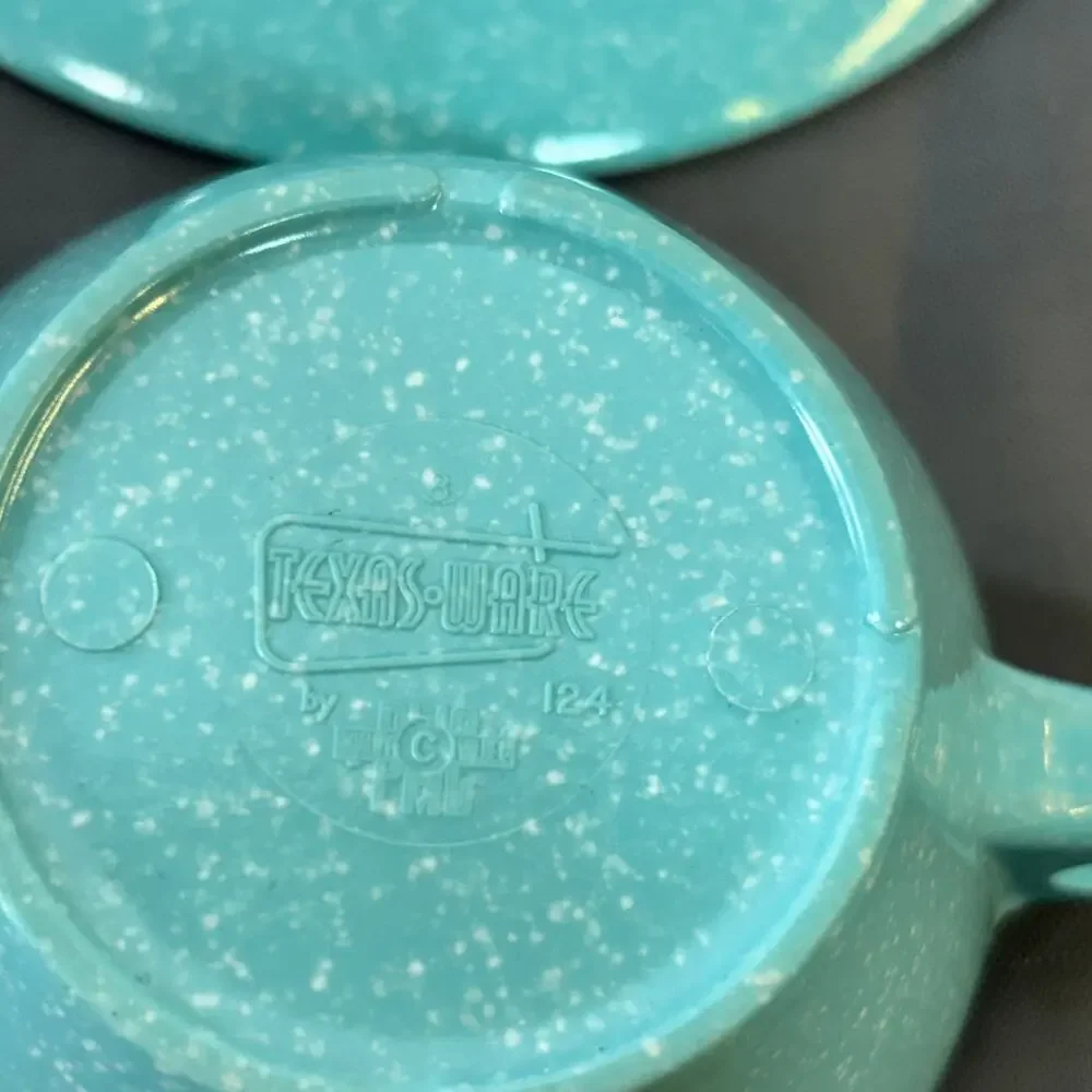 Texas Ware Melamine Cup W/ Saucer Set of 2 Turquoise Blue W/ White Speckles